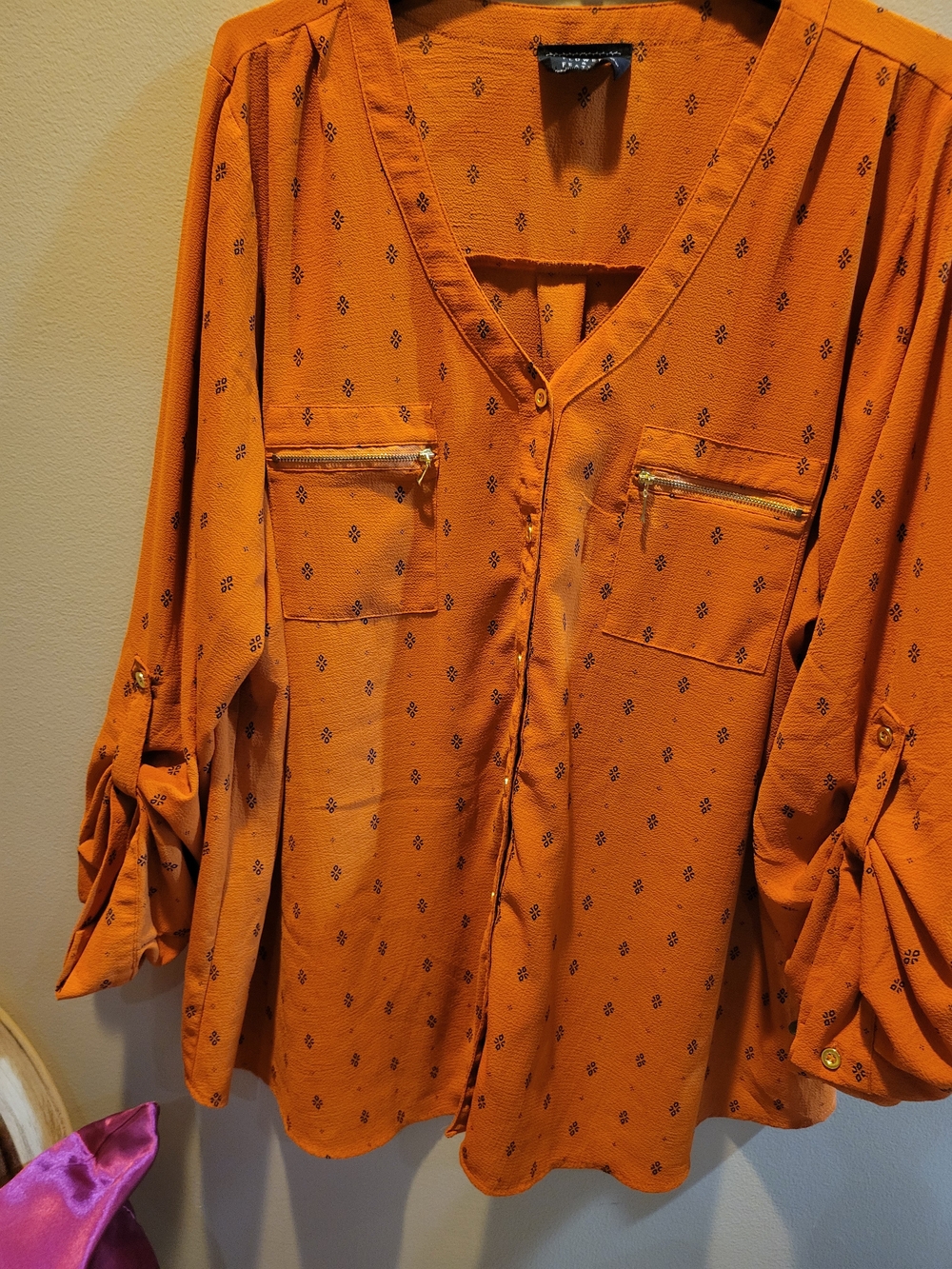 Button-Front Orange Printed Women's Blouse with Zip-Pocket Detail